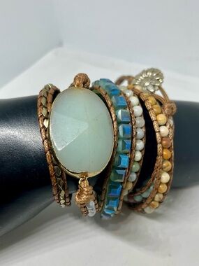 Multi-Row Aqua Stone and Bead Wrap Bracelet - Boho Chic